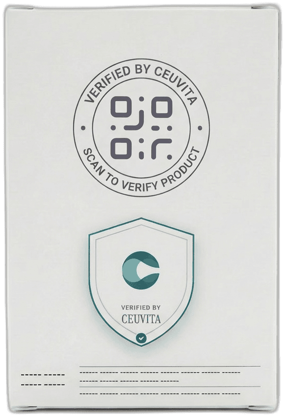 Product packaging featuring the Ceuvita Trust Mark with QR code